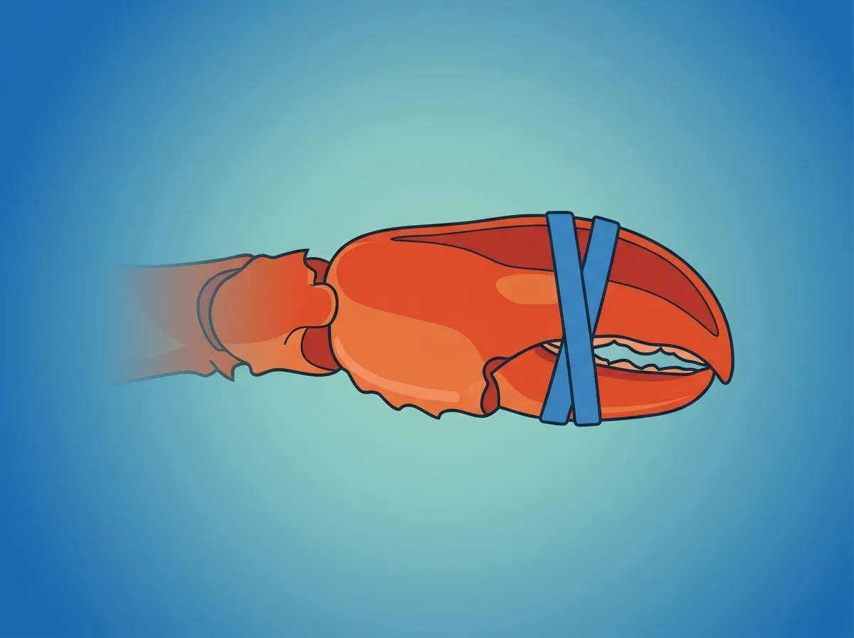 Illustration of a lobster claw bound shut with blue rubber bands